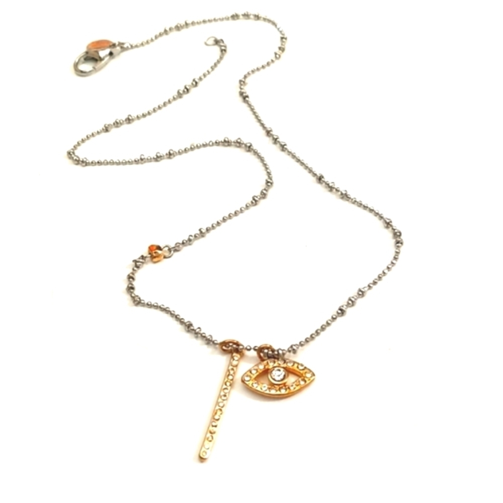EXPRESS TWO-TONED BALL CHAIN CRYSTAL EVIL EYE AND BAR 16" NECKLACE - Picture 7 of 10